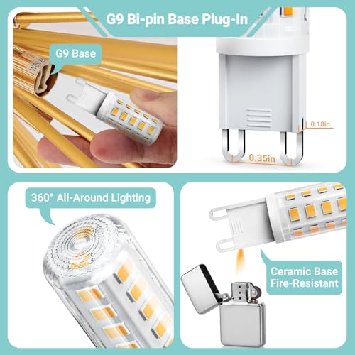TJOY G9 LED Bulb 4W, 3000K Soft Warm White 6 Pack, Equivalent 40 Watt T4 G9 Halogen Replacement, G 9 Bi-pin Base Light Bulbs for Chandelier