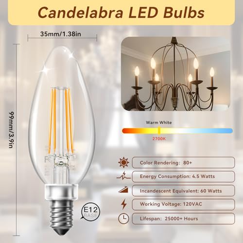 TJOY LED Candelabra Bulbs Dimmable, 60W Equivalent Chandelier Light Bulb, E12 Small Base, 4.5W 2700K Soft Warm White (12Pack)