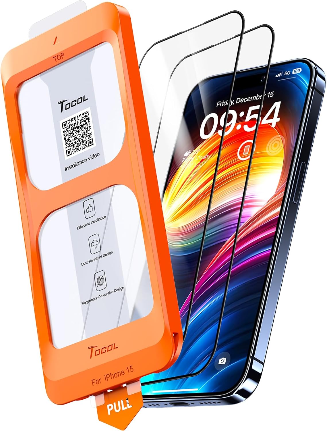 TOCOL for iPhone 15 Screen Protector, Shatterproof, HD Tempered Glass for iPhone 15 Full Coverage Screen Protector, Anti-Fingerprint