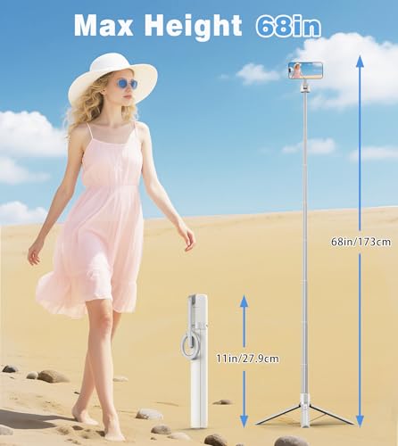TONEOF 68" Magnetic Selfie Stick Tripod with Aluminum Strong Magnetic Holder for Magsafe, 360° Rotatable Travel Phone Tripod Stand (Beige Gray)