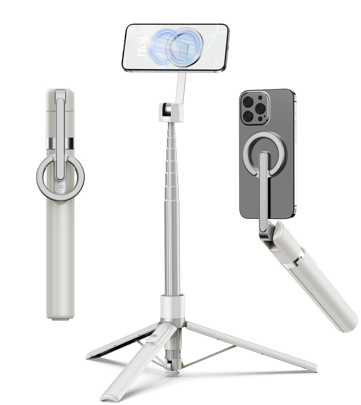 TONEOF 68" Magnetic Selfie Stick Tripod with Aluminum Strong Magnetic Holder for Magsafe, 360° Rotatable Travel Phone Tripod Stand (Beige Gray)