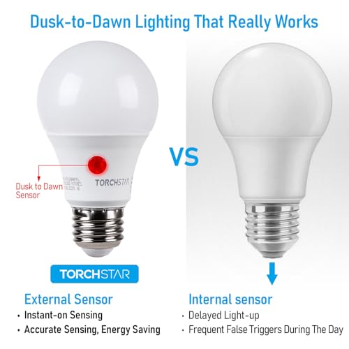 TORCHSTAR Dusk to Dawn Light Bulbs Outdoor, Sensor A19 LED Light Bulb, Auto on/Off Photocell Automatic for Outdoor Lighting, UL FCC DOE (Pack of 4)