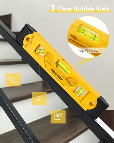 Torpedo Level Magnetic, Firecore 9 Inch Shockproof Small Leveler Tool with 3 Bubble Spirit Level 45 90 180 Degree, Construction Levelers