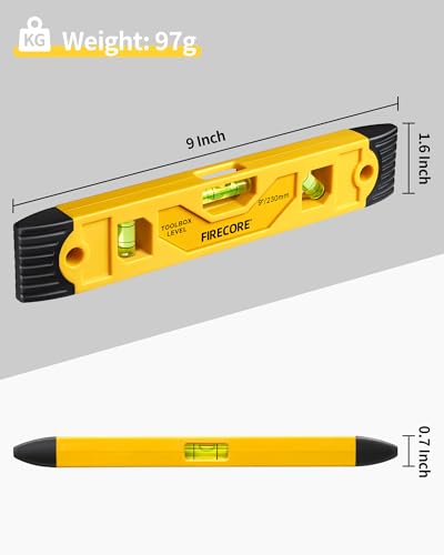 Torpedo Level Magnetic, Firecore 9 Inch Shockproof Small Leveler Tool with 3 Bubble Spirit Level 45 90 180 Degree, Construction Levelers