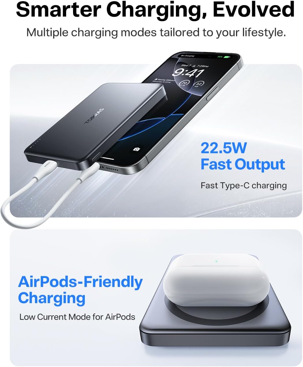 TORRAS MiniMag Power Bank, Ultra-Slim 10,000mAh Magnetic Wireless Portable Charger, 22.5W Fast Charging iPhone Air MagSafe Battery Pack (Gray)