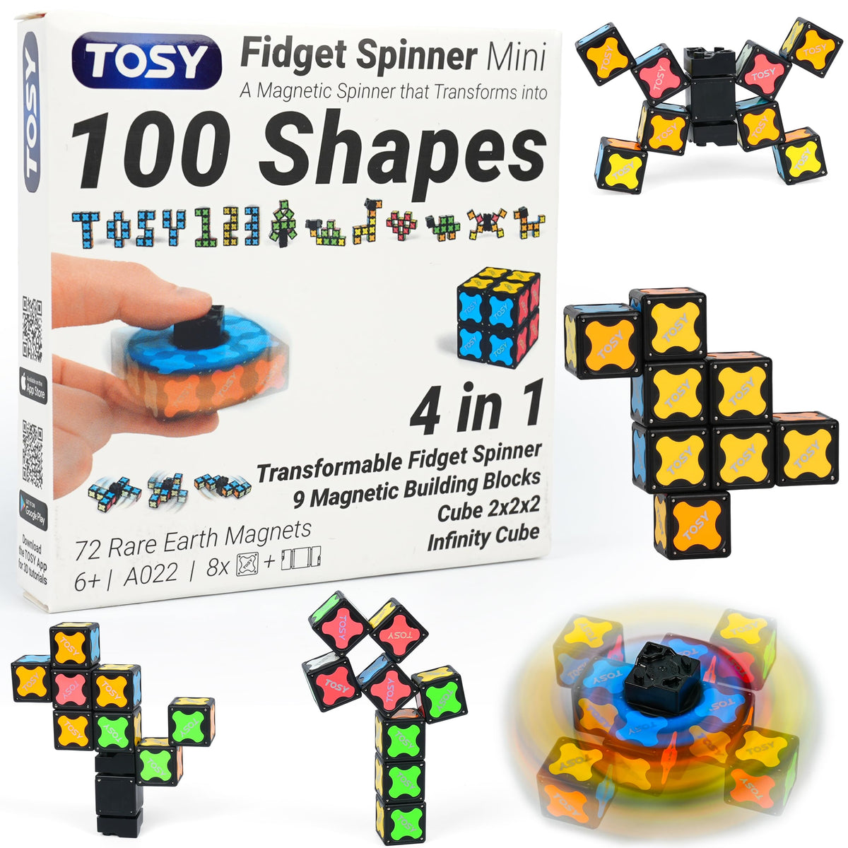 TOSY Magnet Fidget Spinner Mini - 8 Blocks, 3 in 1 Toy, Transformable Fidget Spinner, Infinity Cube, 2x2 Puzzle Cube, STEM Sensory Stress Relief Toy