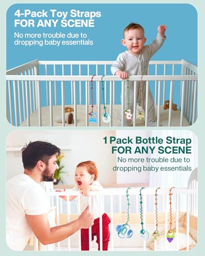 Toy Straps for Baby, 5pcs Adjustable Toy Holder for Stroller Accessories, Silicone Tether Pacifier Clip, No Throw Travel Essential Leash (5-Pack)
