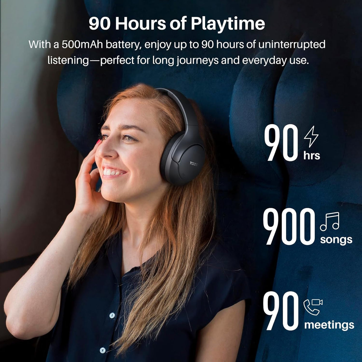 TOZO HT3 Hybrid Noise Cancelling Headphones, 90H Playtime Wireless Over Ear Bluetooth Headset, Spatial Audio AI Chat with 5 Mics