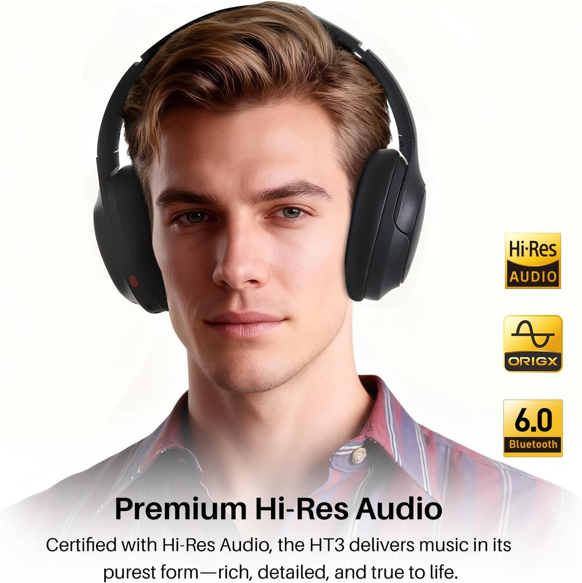 TOZO HT3 Hybrid Noise Cancelling Headphones, 90H Playtime Wireless Over Ear Bluetooth Headset, Spatial Audio AI Chat with 5 Mics