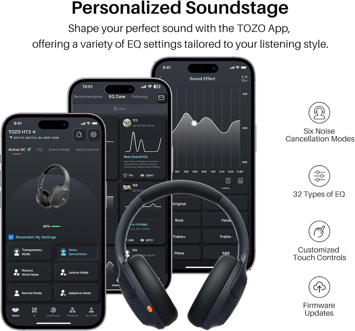 TOZO HT3 Hybrid Noise Cancelling Headphones, 90H Playtime Wireless Over Ear Bluetooth Headset, Spatial Audio AI Chat with 5 Mics