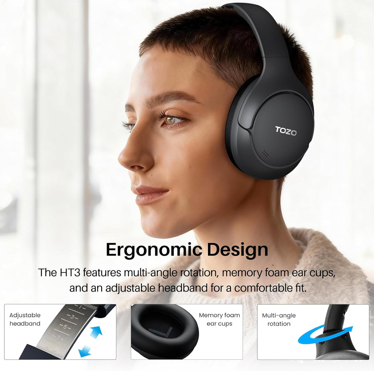 TOZO HT3 Hybrid Noise Cancelling Headphones, 90H Playtime Wireless Over Ear Bluetooth Headset, Spatial Audio AI Chat with 5 Mics