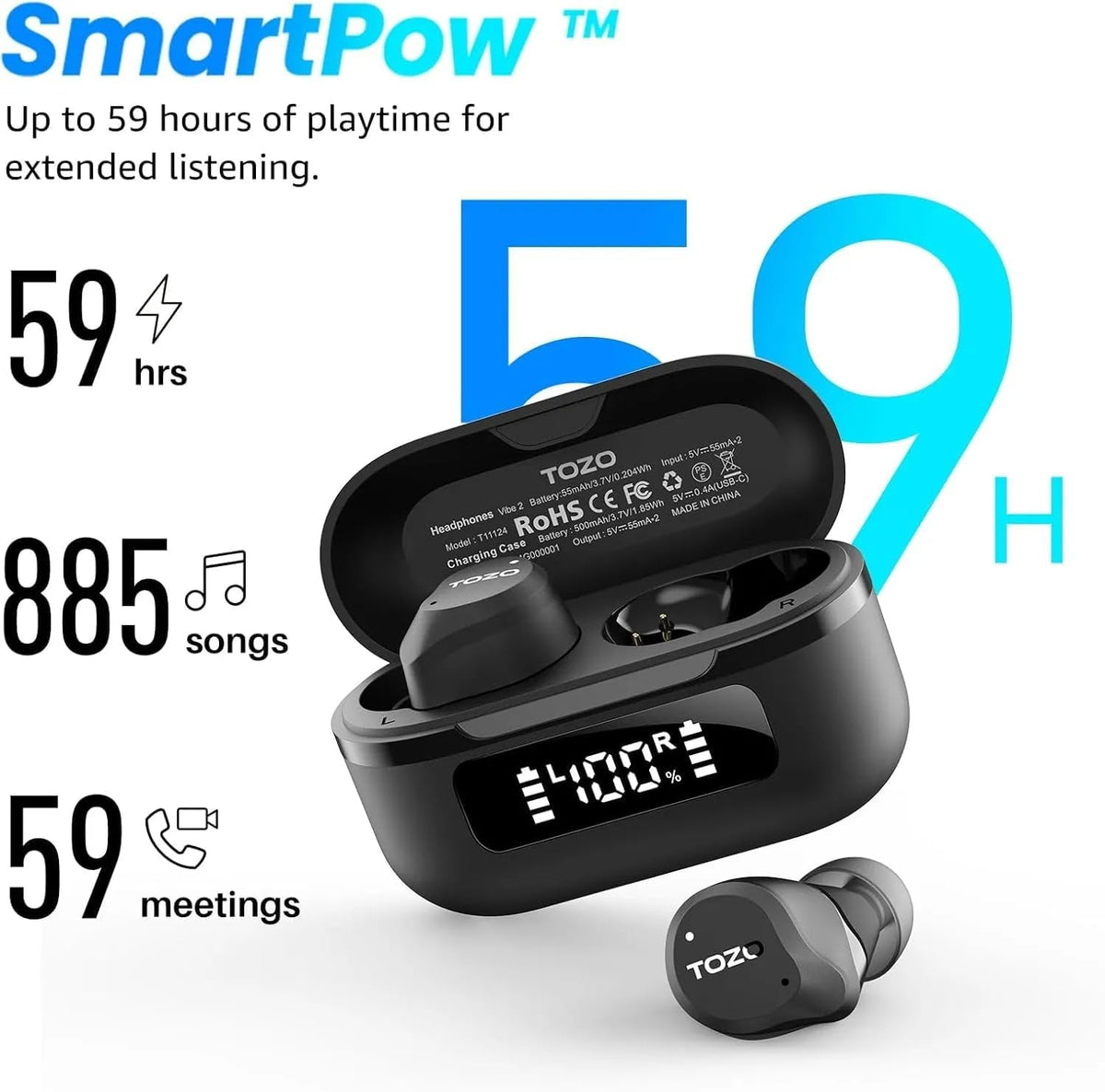 TOZO NC9 Hybrid Active Noise Cancelling Wireless Earbuds, 6 Mics ENC Clear Call, IPX8 Waterproof, in Ear Bluetooth 5.3 Headphones Stereo Bass Ear Buds