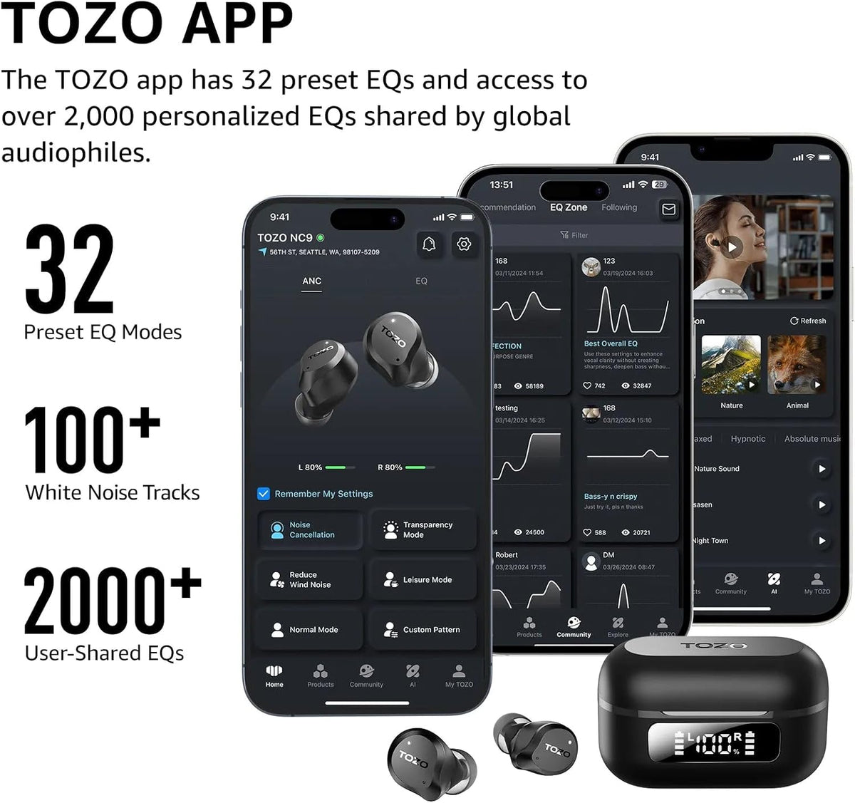 TOZO NC9 Hybrid Active Noise Cancelling Wireless Earbuds, 6 Mics ENC Clear Call, IPX8 Waterproof, in Ear Bluetooth 5.3 Headphones Stereo Bass Ear Buds