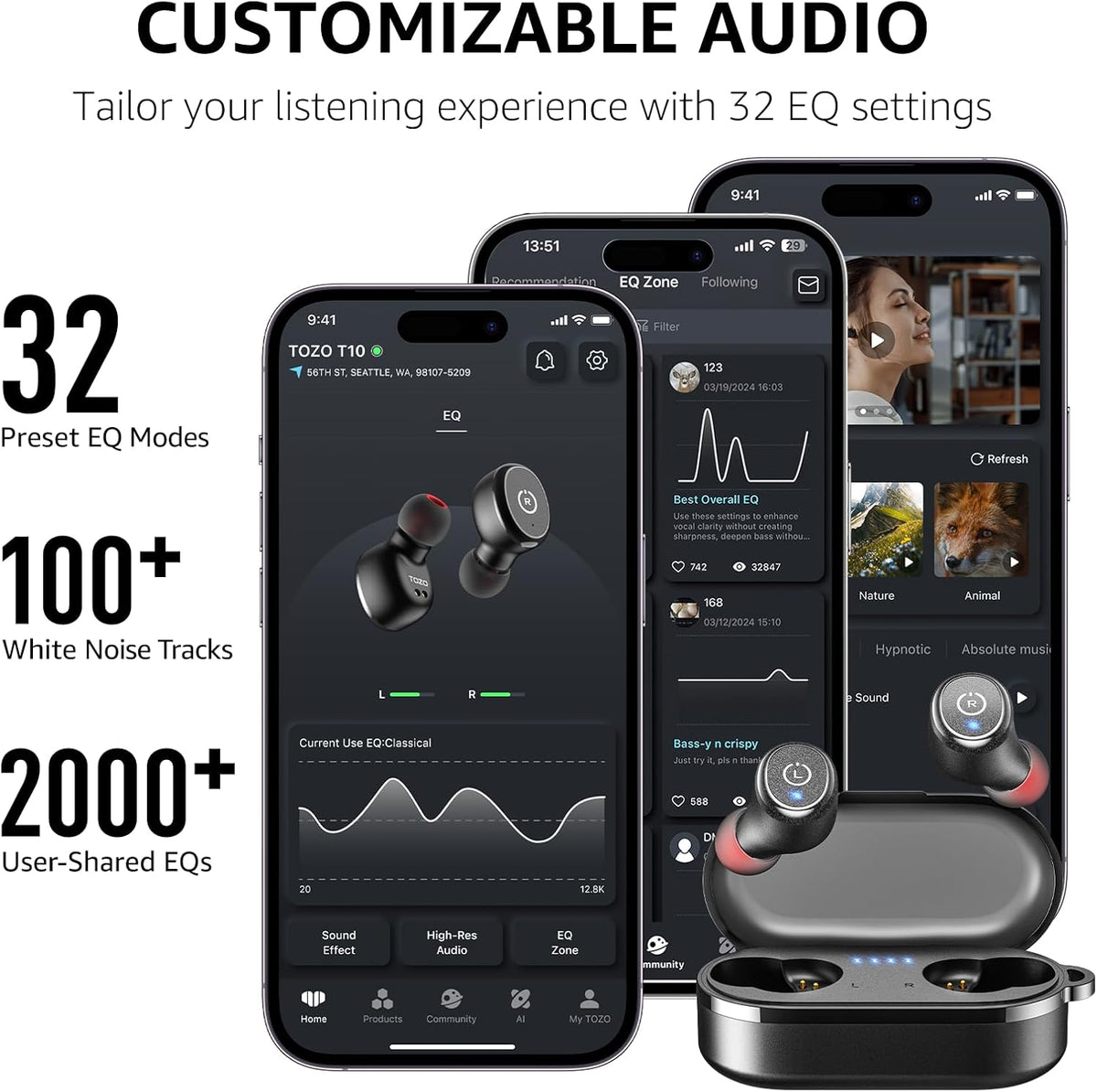 TOZO T10 Wireless Earbuds Bluetooth 5.3 Headphones, App Customize EQ, Ergonomic Design, 55H Playtime, Wireless Charging Case, IPX8 Waterproof Sound