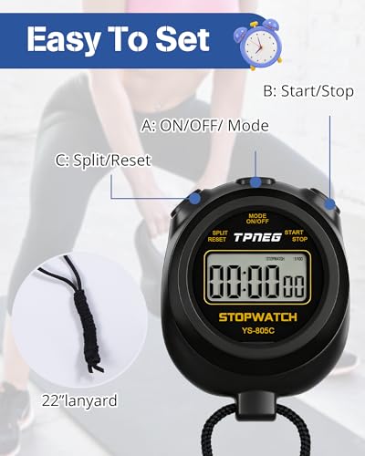 TPNEG Simple Stopwatch Timer - Easy to Use, Set Up, Read, and Carry - Large Display - On/Off, AAA Battery - Ideal for Coaches, Track and Field