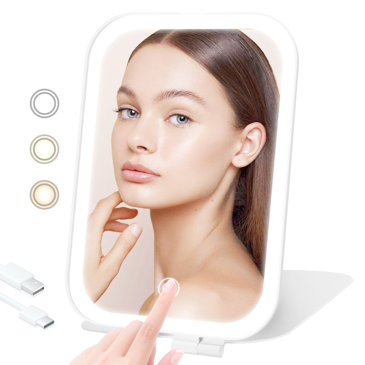 Travel Makeup Mirror, Portable Mirror with 3 Adjustable Light Settings, USB-Rechargeable Vanity Mirror with Lights,Gift for Women and Girls