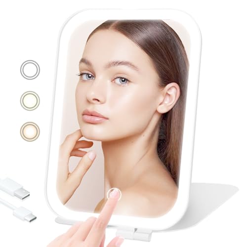 Travel Makeup Mirror, Portable Mirror with 3 Adjustable Light Settings, USB-Rechargeable Vanity Mirror with Lights,Gift for Women and Girls