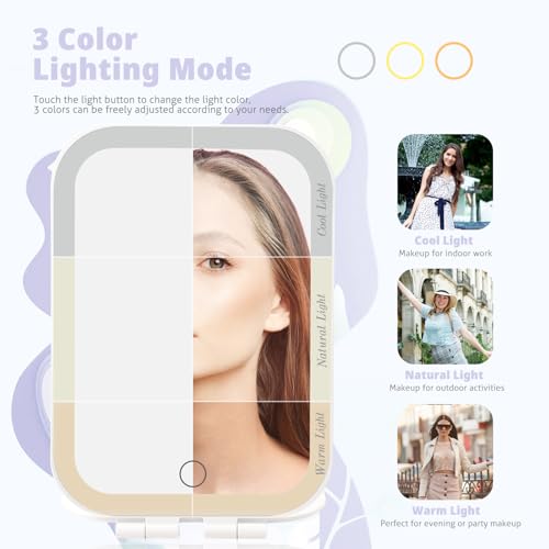 Travel Makeup Mirror, Portable Mirror with 3 Adjustable Light Settings, USB-Rechargeable Vanity Mirror with Lights,Gift for Women and Girls