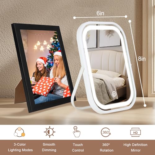 Travel Makeup Mirror with Lights, Portable Small Beauty LED Vanity Mirror with Lights, 1200mAh Battery, Dimmable Touch Screen