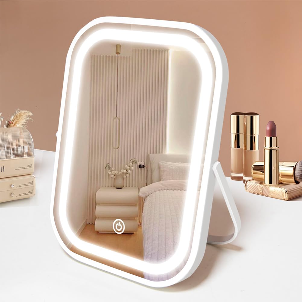 Travel Makeup Mirror with Lights, Portable Small Beauty LED Vanity Mirror with Lights, 1200mAh Battery, Dimmable Touch Screen