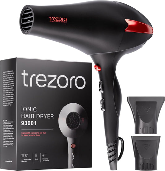 TREZORO Professional Blow Dryer for Women - Ionic Hair Dryer 2000W for Salon & Personal Use - Powerful, Fast & Quiet Drying for Curly Hair (Black)