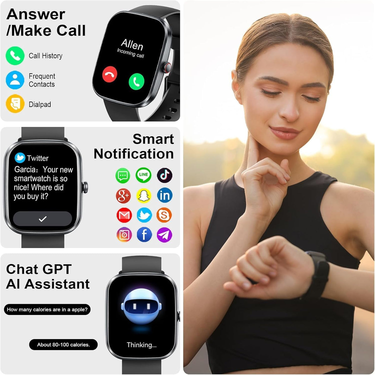 uaue AI Smart Watch with ChatGPT, 1.91" Bluetooth Calling Smartwatch for Men Women, 110+ Fitness Modes Activity Tracker