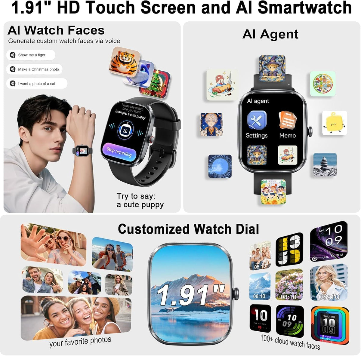 uaue AI Smart Watch with ChatGPT, 1.91" Bluetooth Calling Smartwatch for Men Women, 110+ Fitness Modes Activity Tracker
