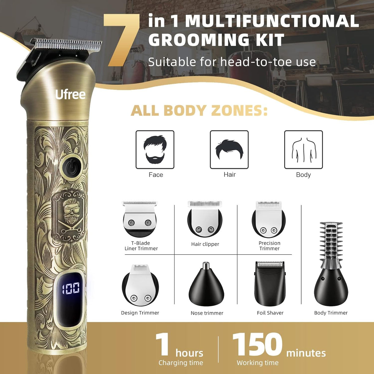 Ufree Beard Trimmer for Men, Electric Razor Shaver, Cordless Hair Clipper Shaving Kit for Mustache Body Nose Ear Hair Facial
