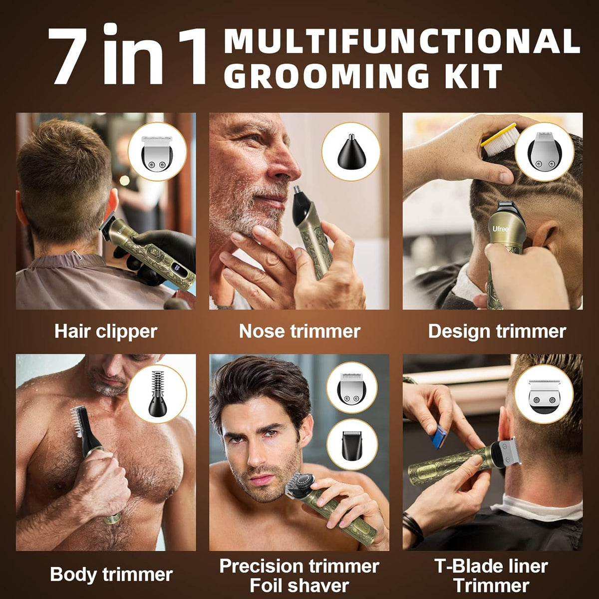 Ufree Beard Trimmer for Men, Electric Razor Shaver, Cordless Hair Clipper Shaving Kit for Mustache Body Nose Ear Hair Facial
