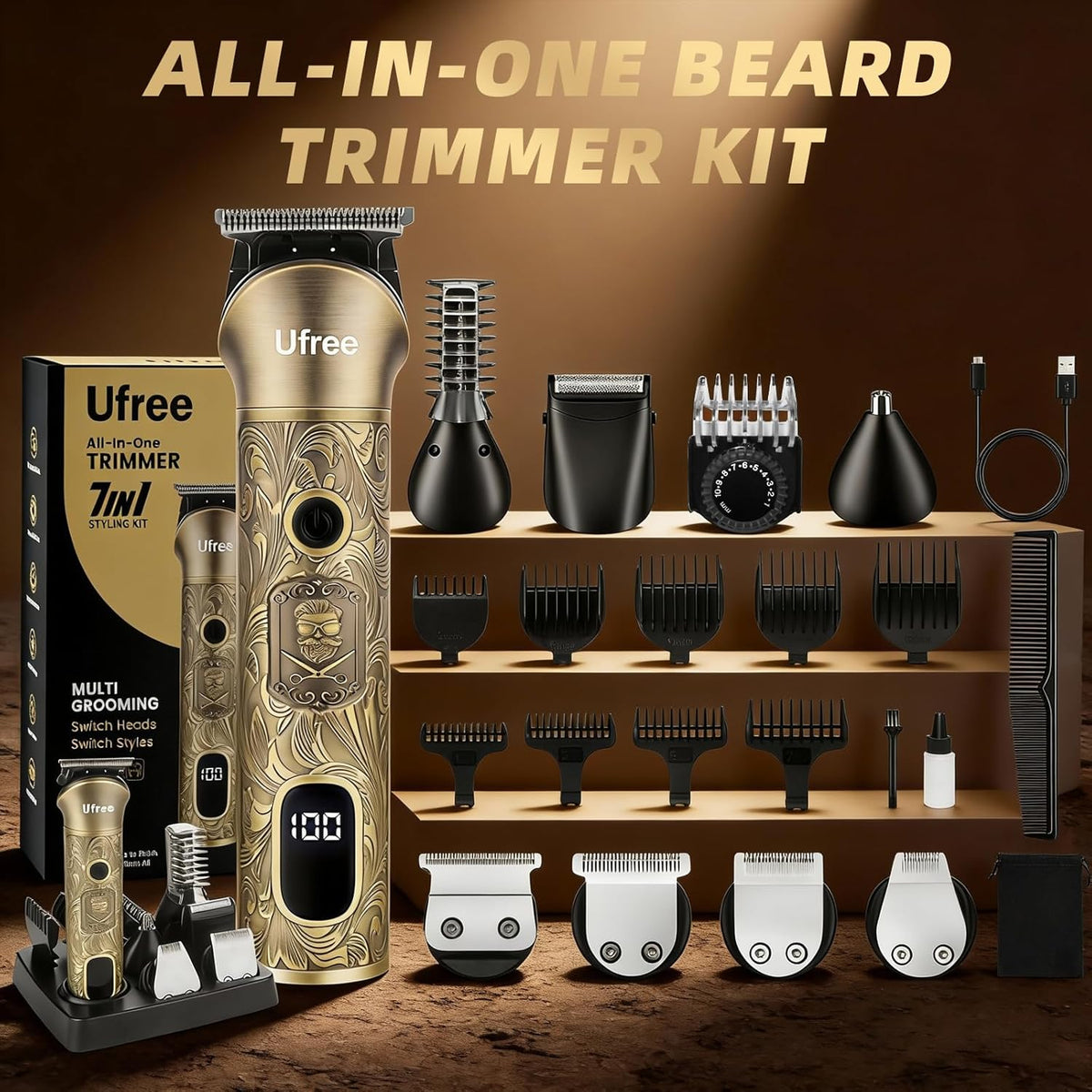 Ufree Beard Trimmer for Men, Electric Razor Shaver, Cordless Hair Clipper Shaving Kit for Mustache Body Nose Ear Hair Facial