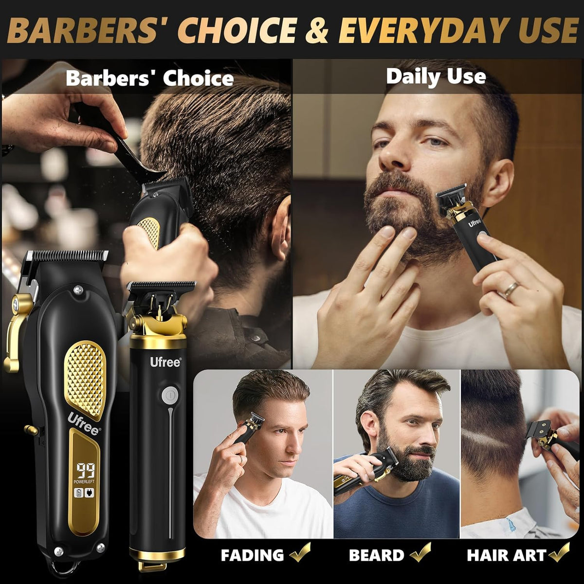 Ufree Professional Cordless Clippers and Trimmers Set for Men for Hair Cutting, Beard Trimmer, Barber Clippers, Rechargeable Electric Shaver