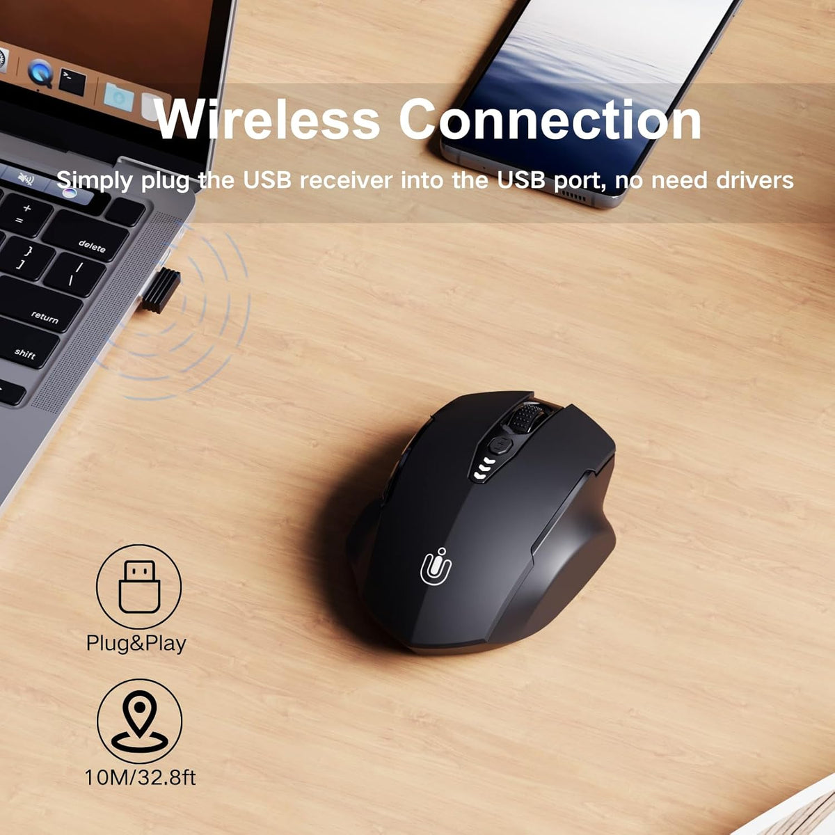 Uineer Wireless Mouse, Upgraded 2.4GHz Rechargeable (Battery Level Visible) Ergonomic Computer Mouse, 4 Levels DPI (Matte Black)