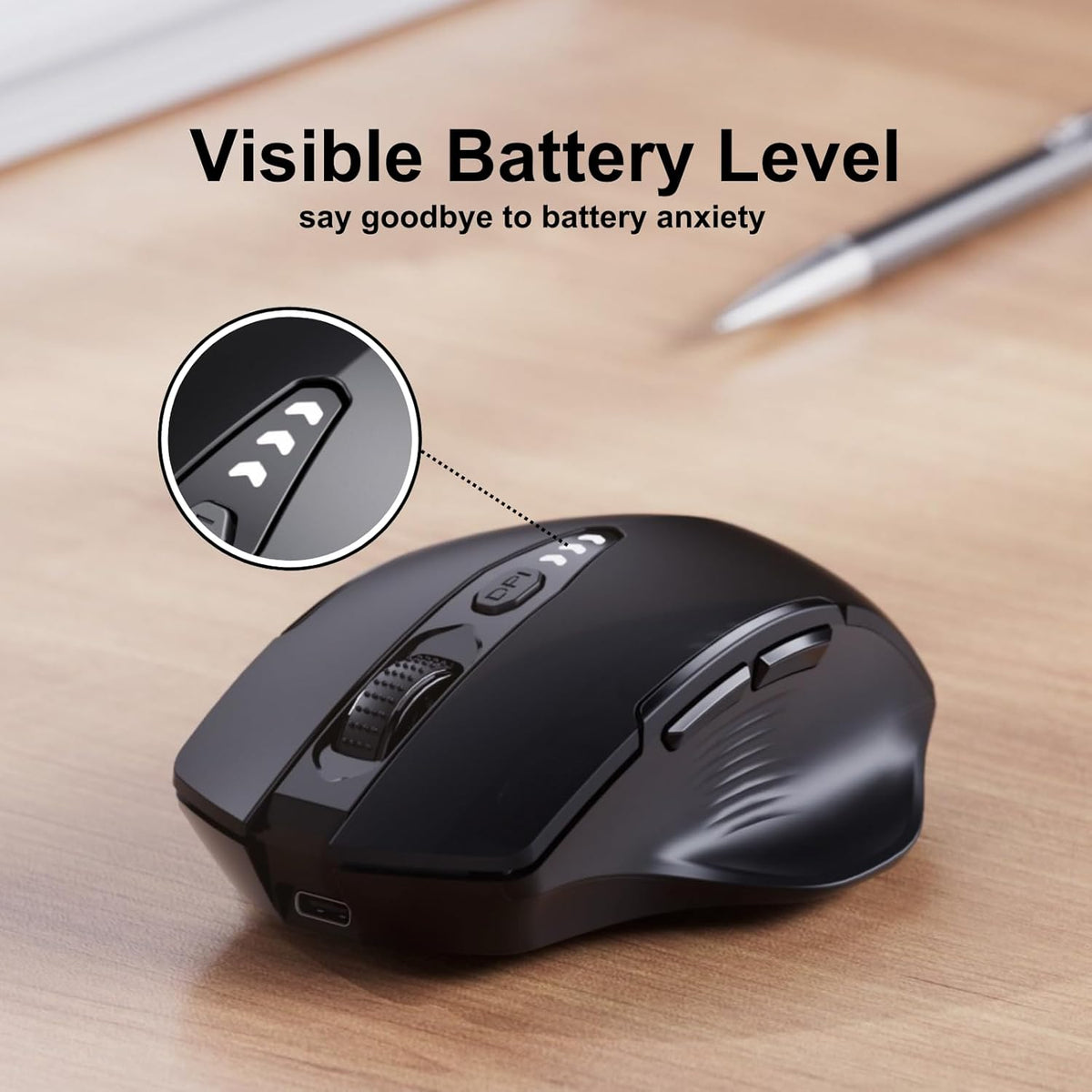 Uineer Wireless Mouse, Upgraded 2.4GHz Rechargeable (Battery Level Visible) Ergonomic Computer Mouse, 4 Levels DPI (Matte Black)