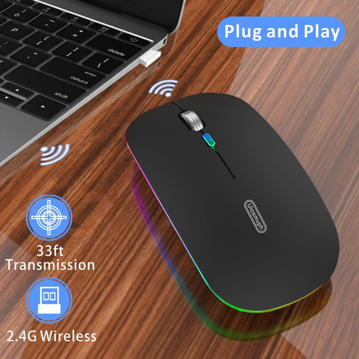 Uiosmuph LED Wireless Mouse, G12 Slim Rechargeable Silent Mouse, 2.4G Portable USB Optical Computer Mice with USB Receiver (Matte Black)