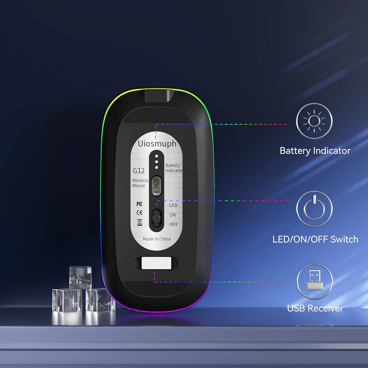 Uiosmuph LED Wireless Mouse, G12 Slim Rechargeable Silent Mouse, 2.4G Portable USB Optical Computer Mice with USB Receiver (Matte Black)