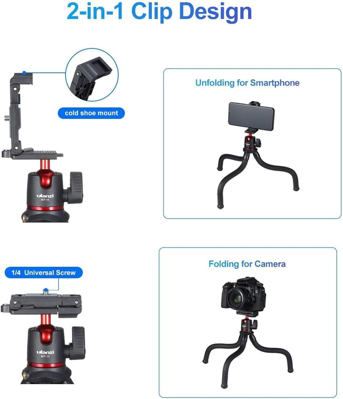 ULANZI Camera Tripod, Mini Flexible Stand w Hidden Phone Holder w Cold Shoe Mount, 1/4'' Screw f Magic Arm