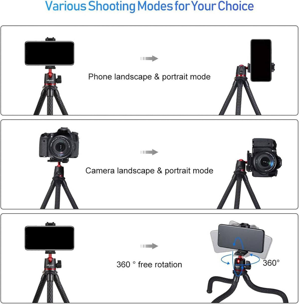 ULANZI Camera Tripod, Mini Flexible Stand w Hidden Phone Holder w Cold Shoe Mount, 1/4'' Screw f Magic Arm