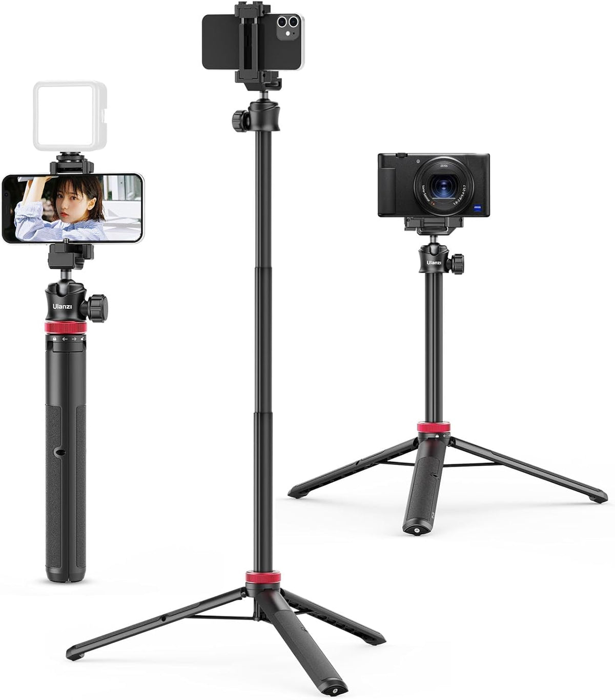 ULANZI MT-44 Extendable Phone Tripod, 59" Selfie Stick Vlog Stand with 2 in 1 Phone Clip, 360° Ball Head Camera Tripod