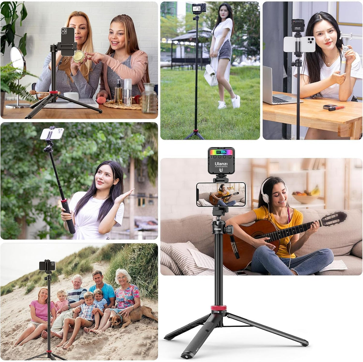 ULANZI MT-44 Extendable Phone Tripod, 59" Selfie Stick Vlog Stand with 2 in 1 Phone Clip, 360° Ball Head Camera Tripod