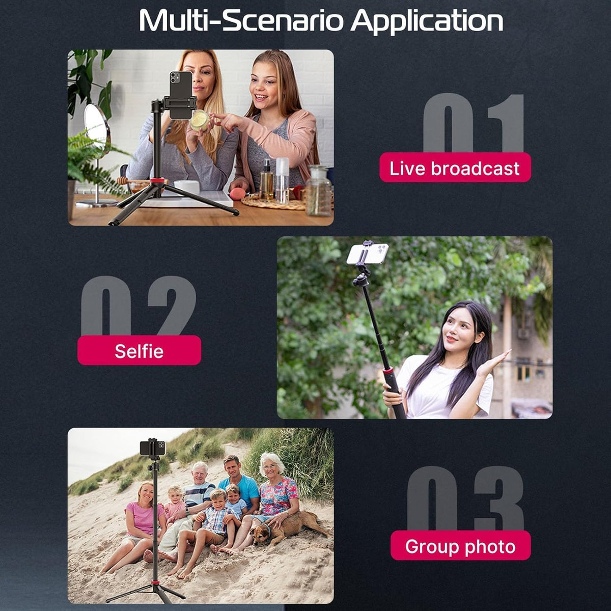 ULANZI MT-44 Extendable Phone Tripod, 59" Selfie Stick Vlog Stand with 2 in 1 Phone Clip, 360° Ball Head Camera Tripod