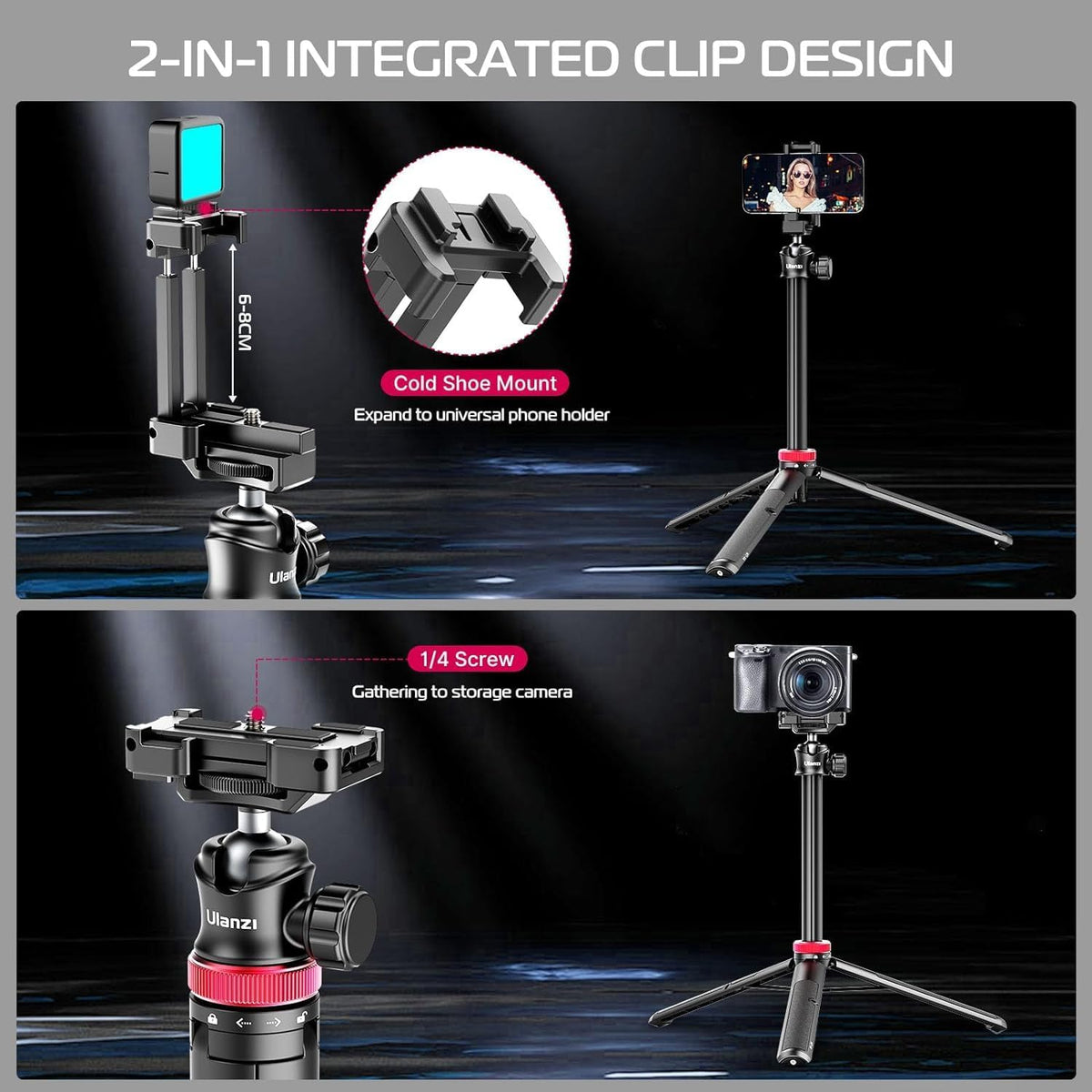 ULANZI MT-44 Extendable Phone Tripod, 59" Selfie Stick Vlog Stand with 2 in 1 Phone Clip, 360° Ball Head Camera Tripod