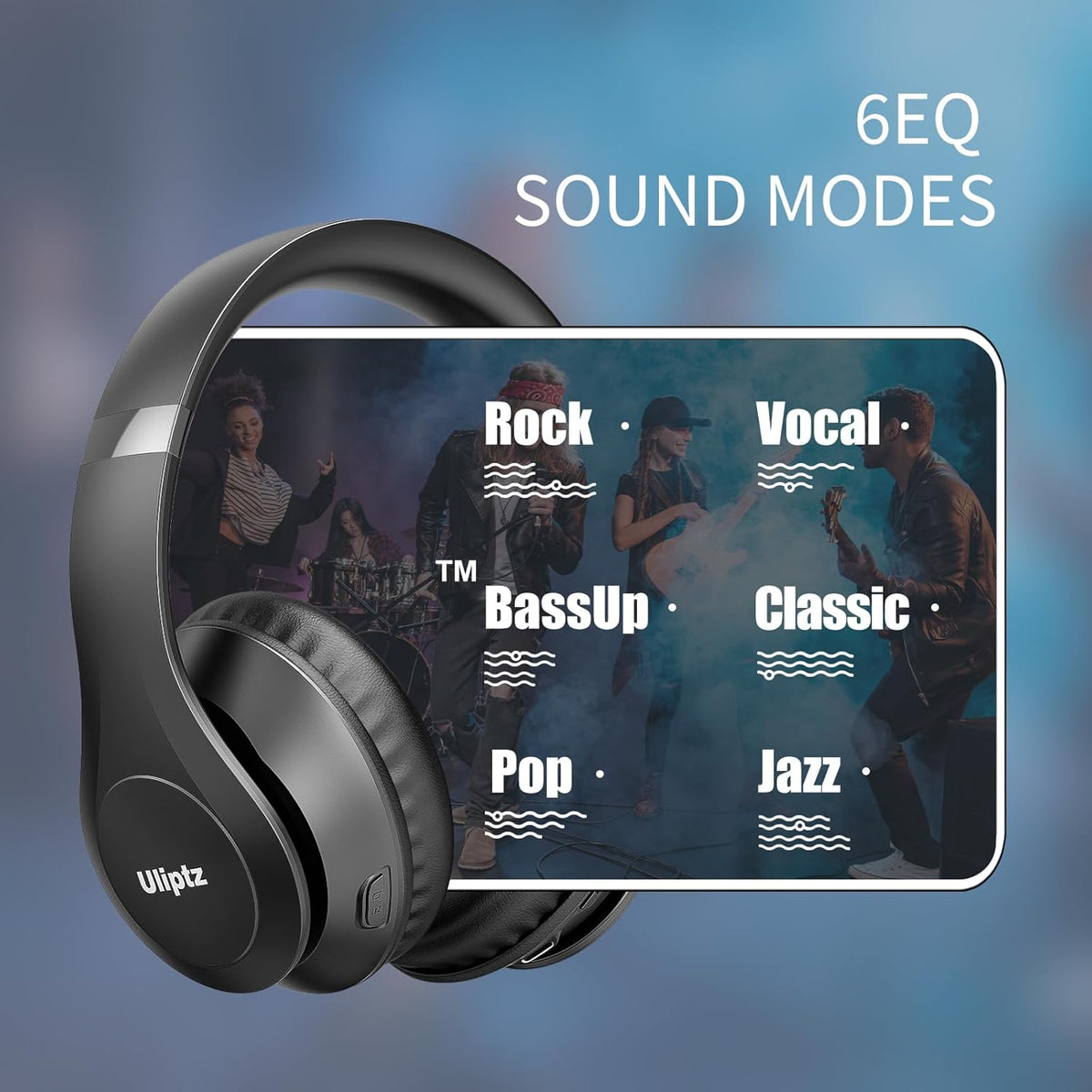 Uliptz Wireless Bluetooth Headphones, 65H Playtime, 6 EQ Sound Modes, HiFi Stereo Over Ear Headphones with Microphone