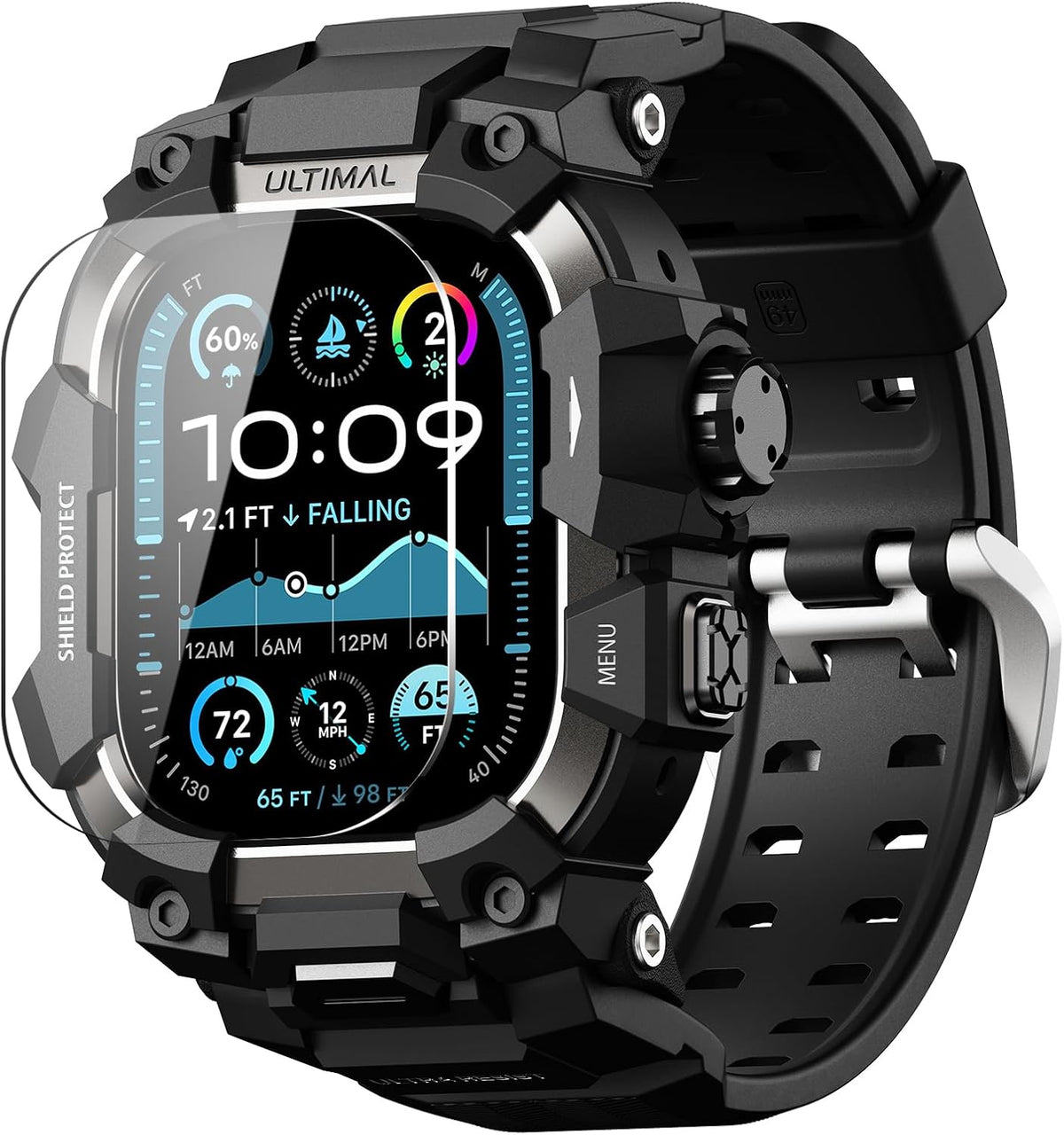 ULTIMAL Rugged Case with Band for Apple Watch 49mm, Compatible with Apple Watch Ultra 3/2/1, Shockproof Bumper Cover (Black, 49mm)