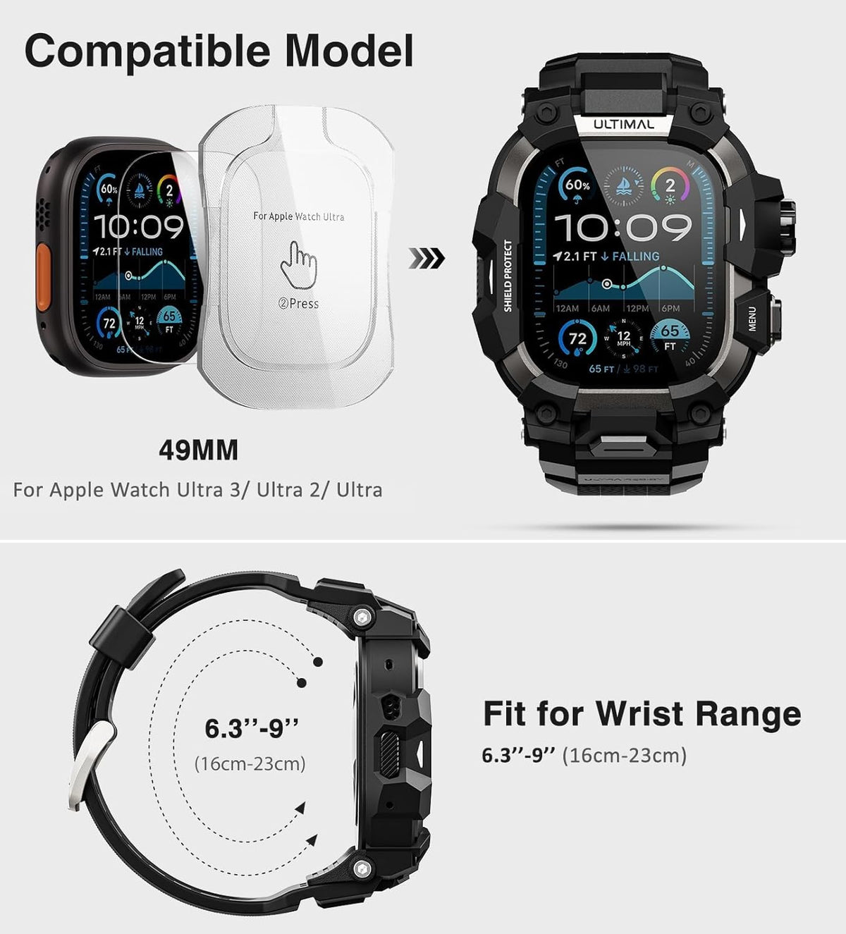 ULTIMAL Rugged Case with Band for Apple Watch 49mm, Compatible with Apple Watch Ultra 3/2/1, Shockproof Bumper Cover (Black, 49mm)