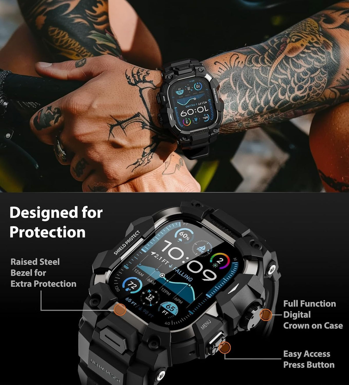 ULTIMAL Rugged Case with Band for Apple Watch 49mm, Compatible with Apple Watch Ultra 3/2/1, Shockproof Bumper Cover (Black, 49mm)