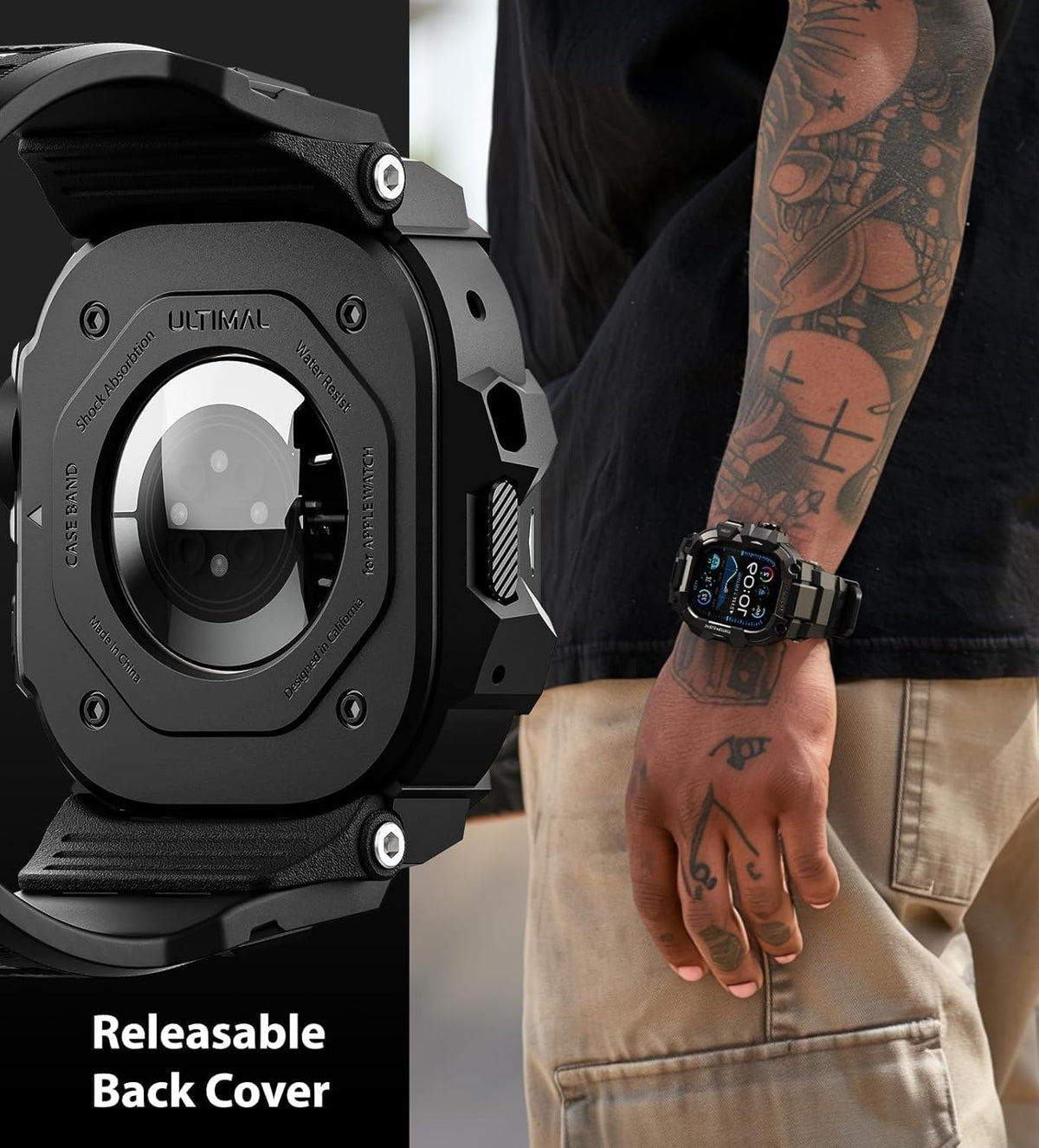 ULTIMAL Rugged Case with Band for Apple Watch 49mm, Compatible with Apple Watch Ultra 3/2/1, Shockproof Bumper Cover (Black, 49mm)