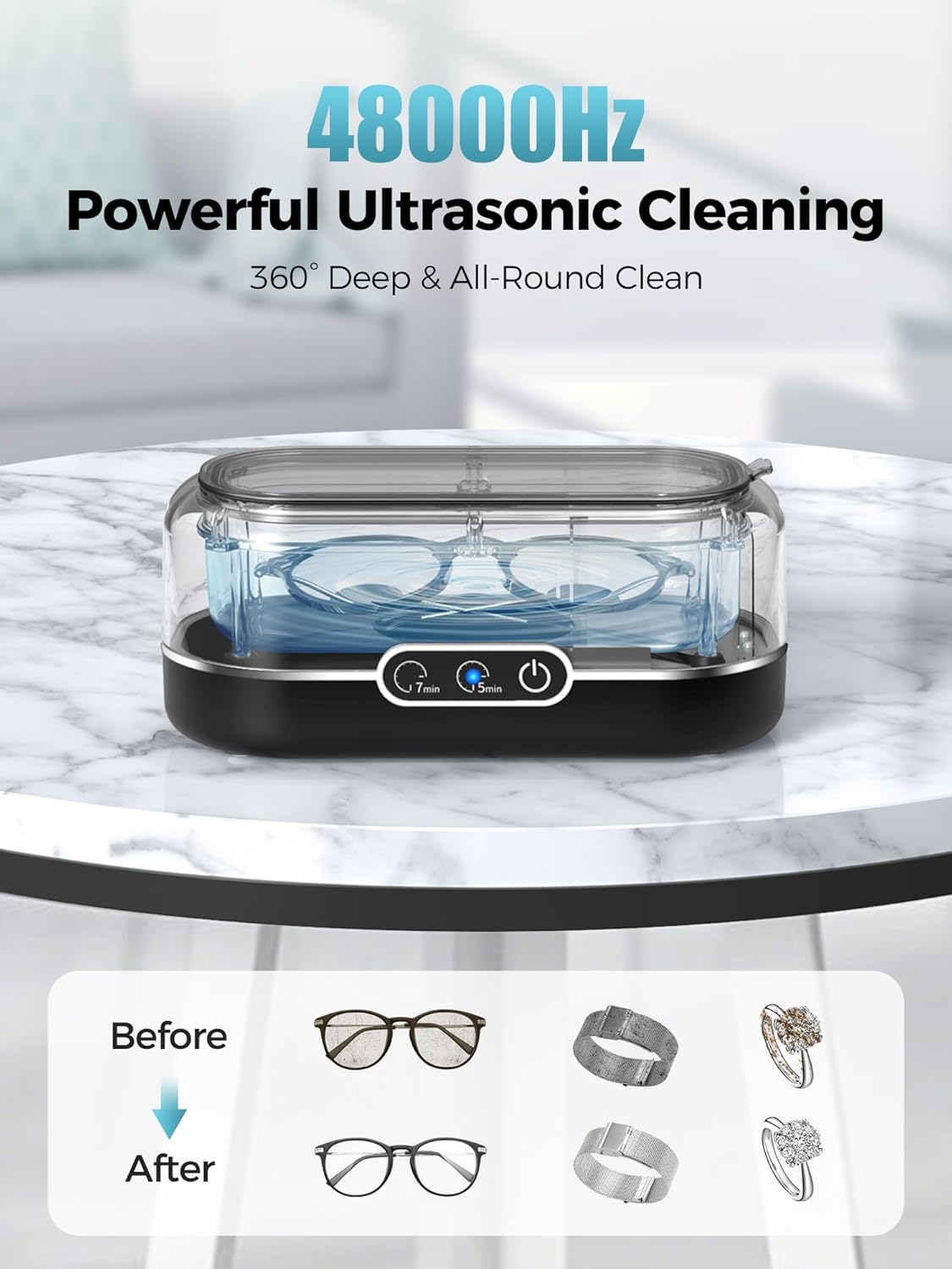 Ultrasonic Jewelry Cleaner, 48KHz Jewelry Ultrasonic Cleaner Machine for All Jewelry, Glasses, Rings, Retainers, Watch Strap, Dentures (Black)