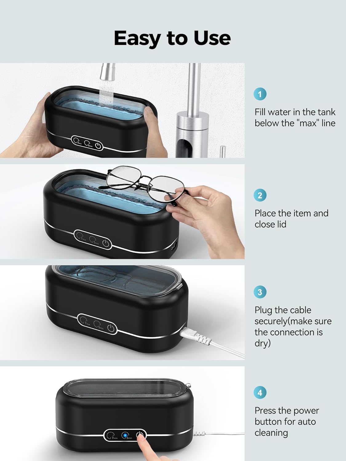 Ultrasonic Jewelry Cleaner, 48KHz Jewelry Ultrasonic Cleaner Machine for All Jewelry, Glasses, Rings, Retainers, Watch Strap, Dentures (Black)