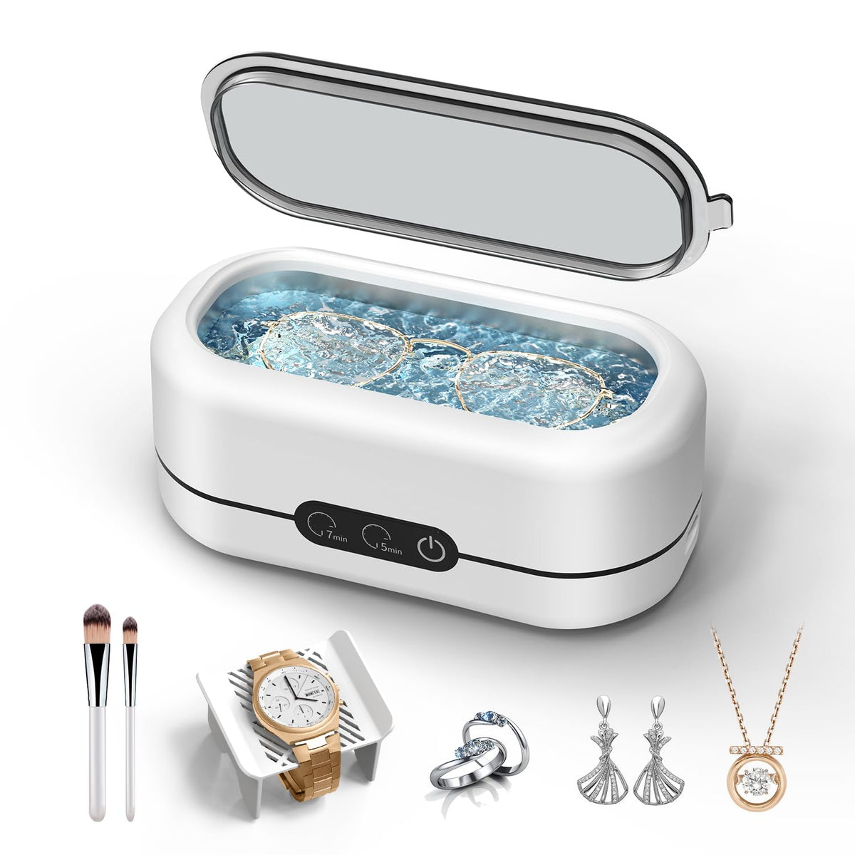Ultrasonic Jewelry Cleaner, 48KHz Ultrasonic Cleaner Machine for Jewelry, Eyeglasses, Rings, Watch Strap, Dentures-Dual Cleaning Modes