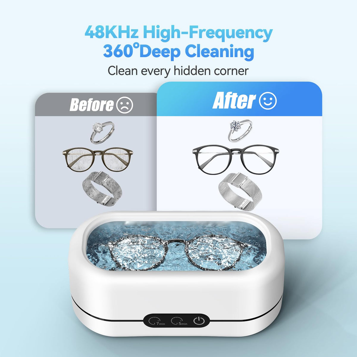 Ultrasonic Jewelry Cleaner, 48KHz Ultrasonic Cleaner Machine for Jewelry, Eyeglasses, Rings, Watch Strap, Dentures-Dual Cleaning Modes